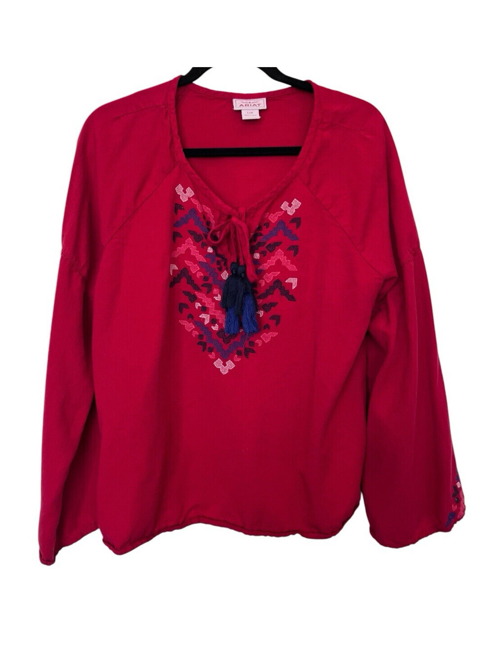ARIAT Shirt Stand Tall Tunic Women Sz Large Long Sleeve Red Embroidered Peasant